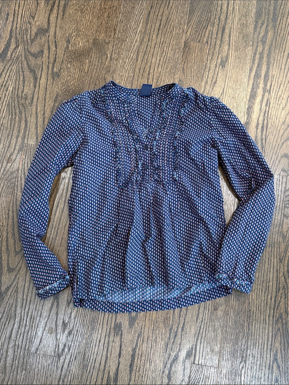 GAP Navy Printed Long-Sleeve Blouse with Pintuck Detail